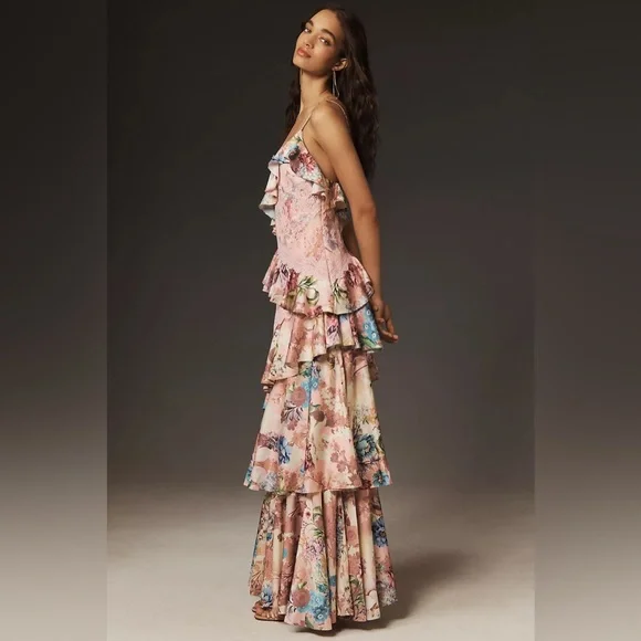 BHLDN pink floral Elora Sleeveless V-Neck Ruffle Lace Maxi Dress - Picture 10 of 10